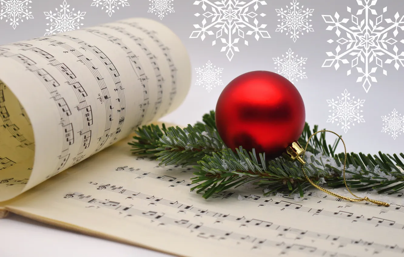 Photo wallpaper balls, snowflakes, branches, red, notes, music, new year, Christmas