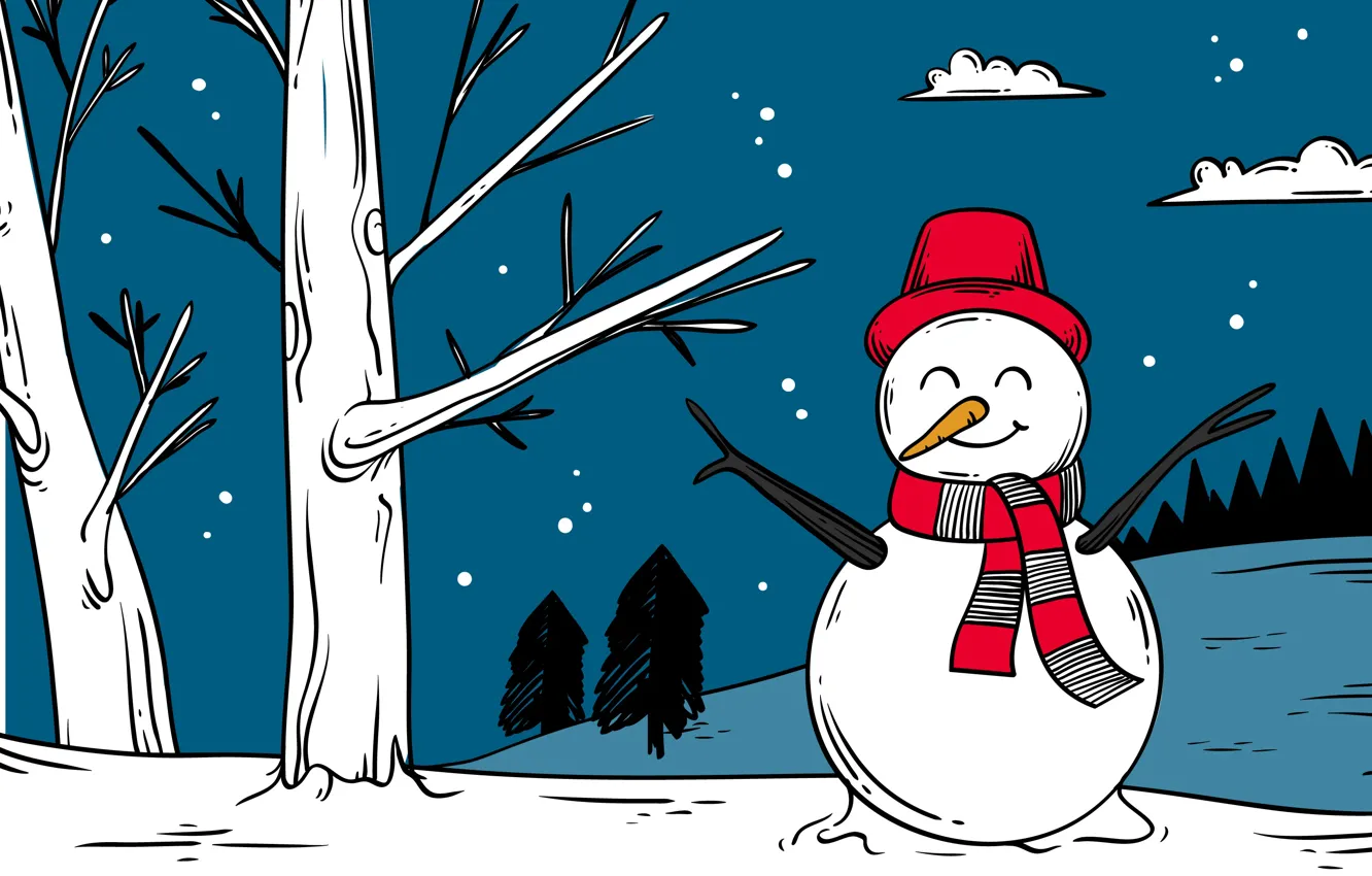 Photo wallpaper forest, snow, trees, branches, graphics, hat, scarf, Christmas