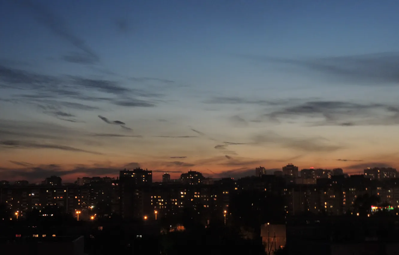 Photo wallpaper clouds, sunset, the city, darkness