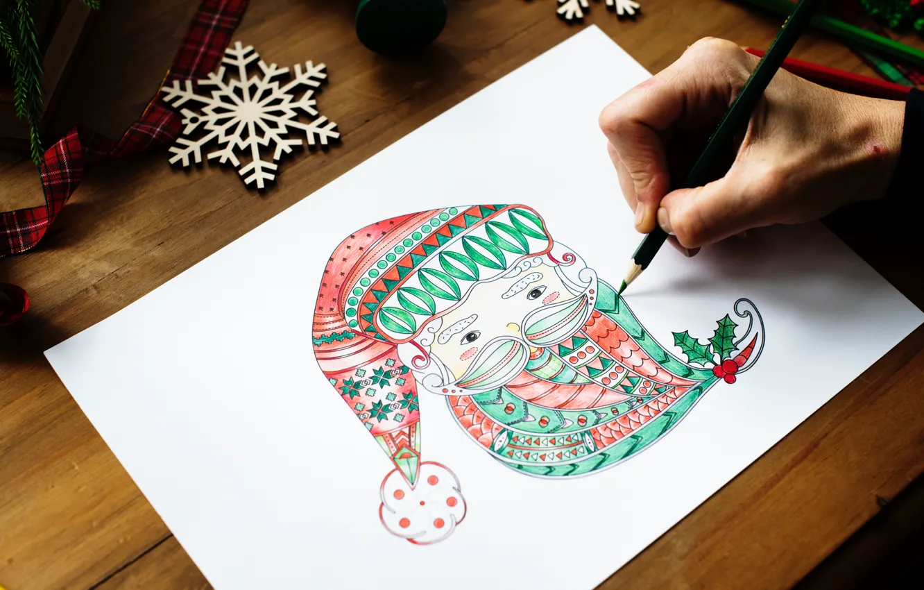 Photo wallpaper snowflakes, figure, new year, pencils, Santa Claus, ribbon, New Year, pencil