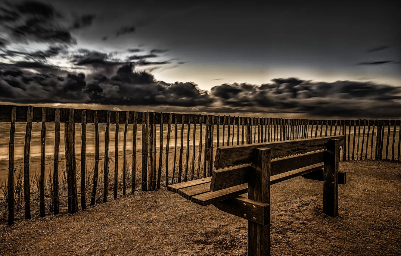 Photo wallpaper sea, the sky, the fence, bench