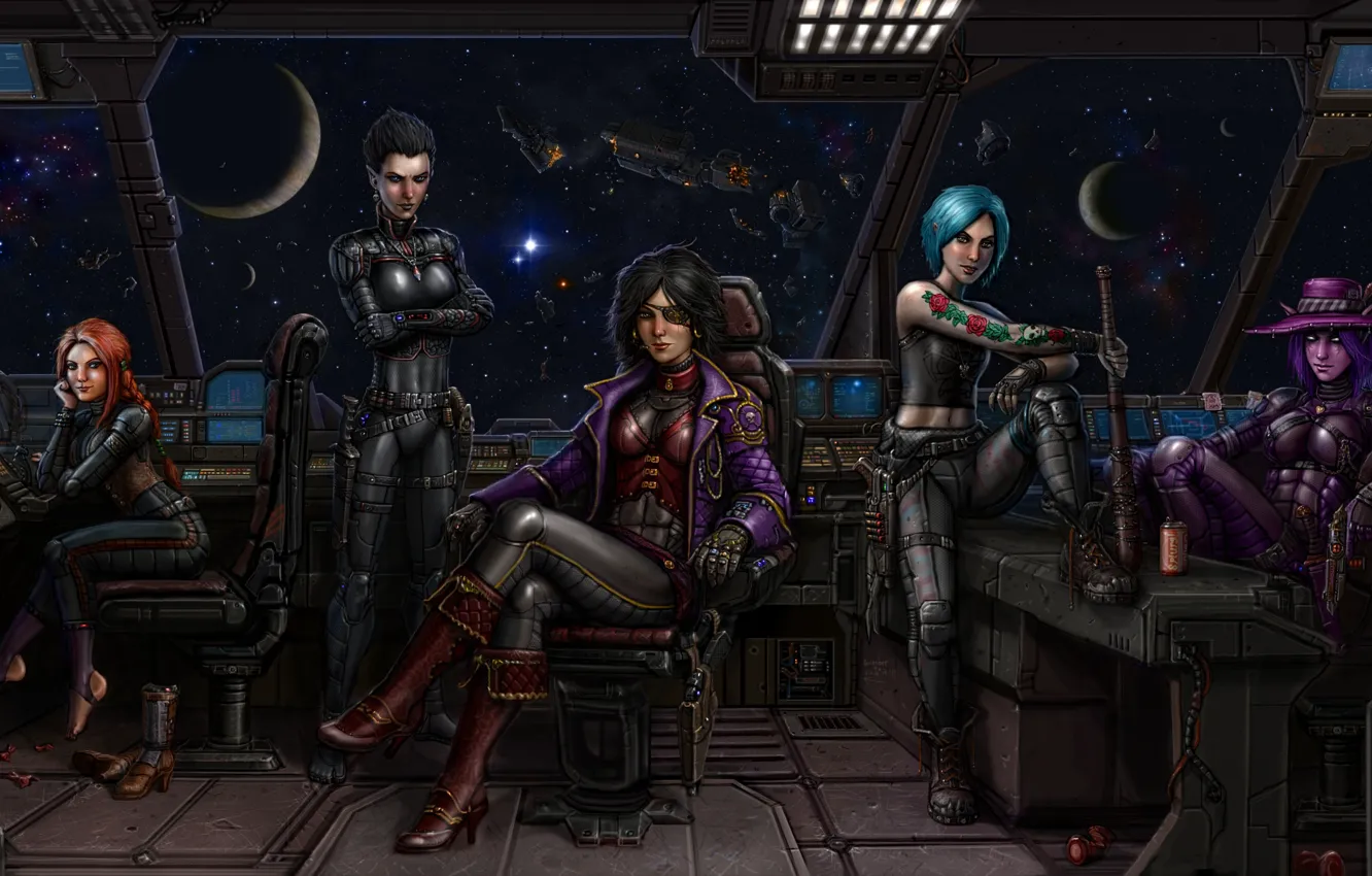 Photo wallpaper girl, space, stars, fiction, planet, art, team, captain