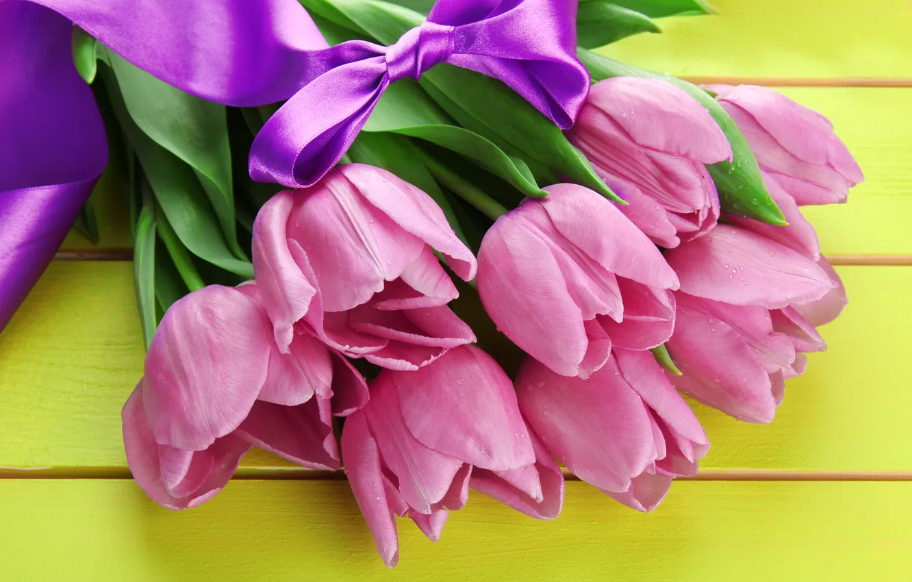 Photo wallpaper flowers, bouquet, tape, tulips, pink, wood, pink, flowers