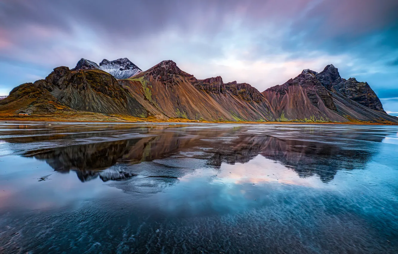 Photo wallpaper sea, mountains, reflection, Iceland, Iceland, Stokksnes, Have stoknes, Mountain Westerhorn