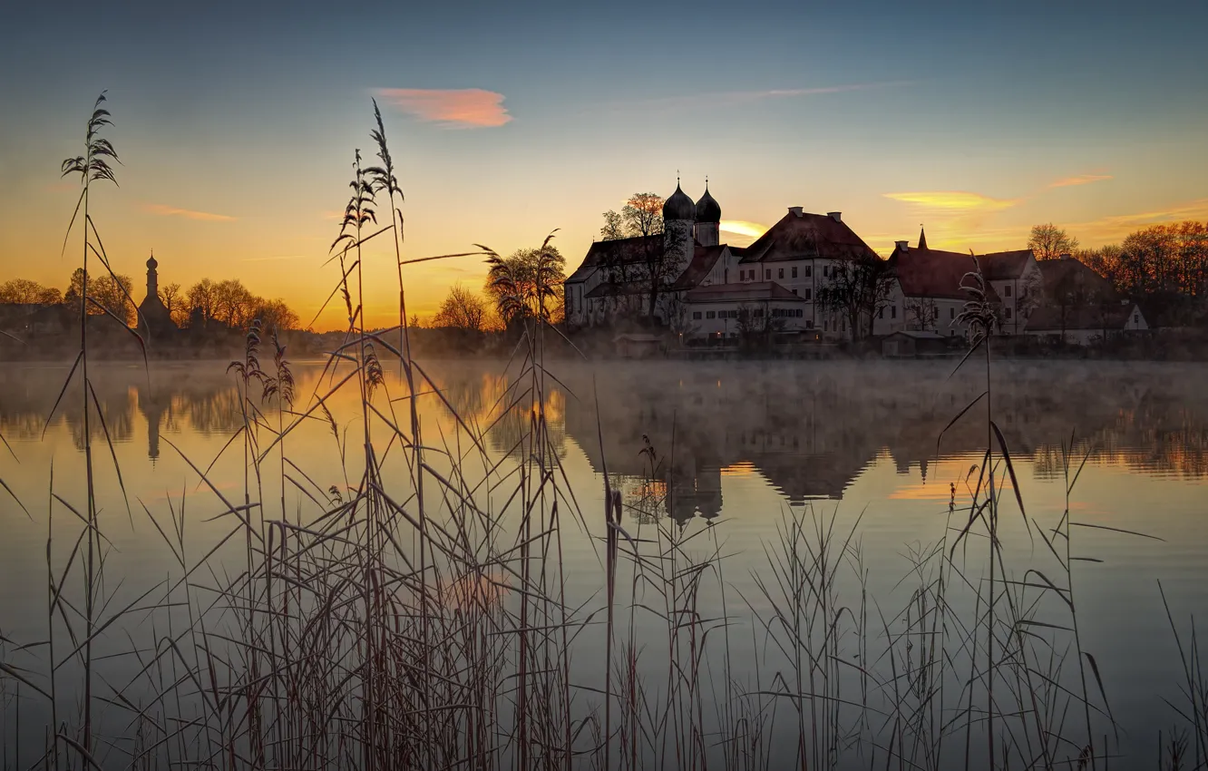 Photo wallpaper the sky, clouds, sunset, fog, lake, reflection, dawn, shore