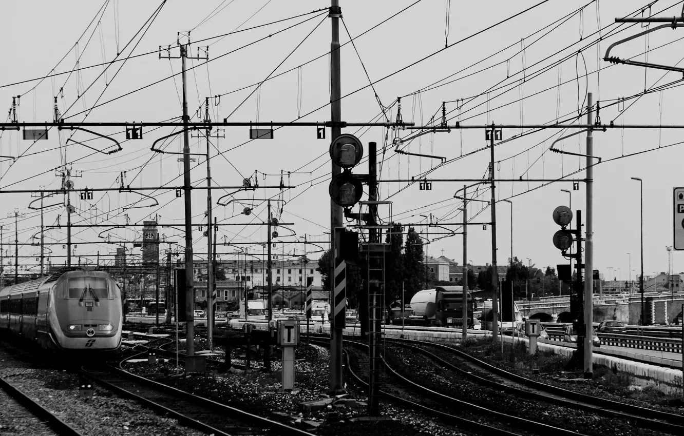 Photo wallpaper rails, train, black and white, railroad, monochrome, rail journey