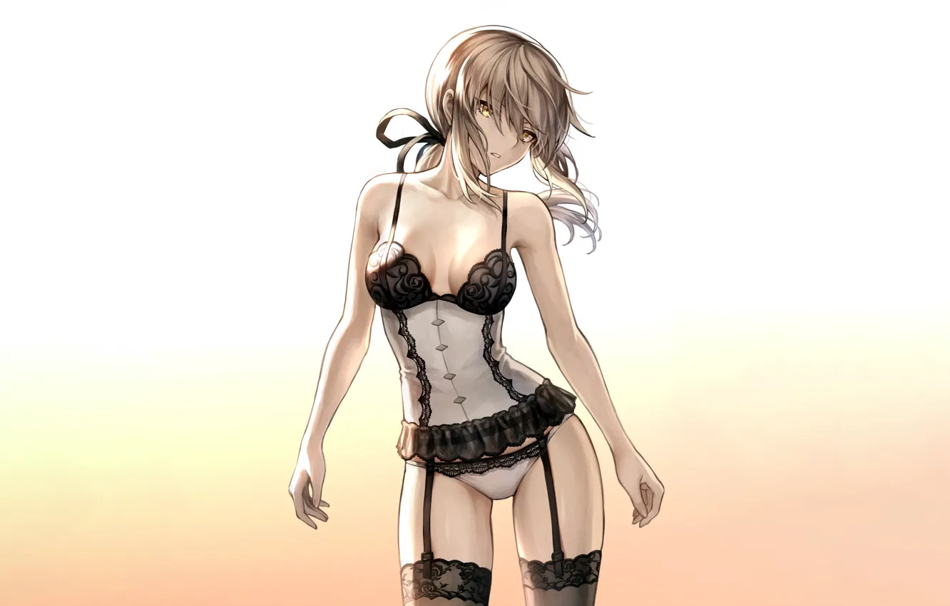 Photo wallpaper girl, sexy, lingerie, cleavage, panties, thighhighs, long hair, boobs