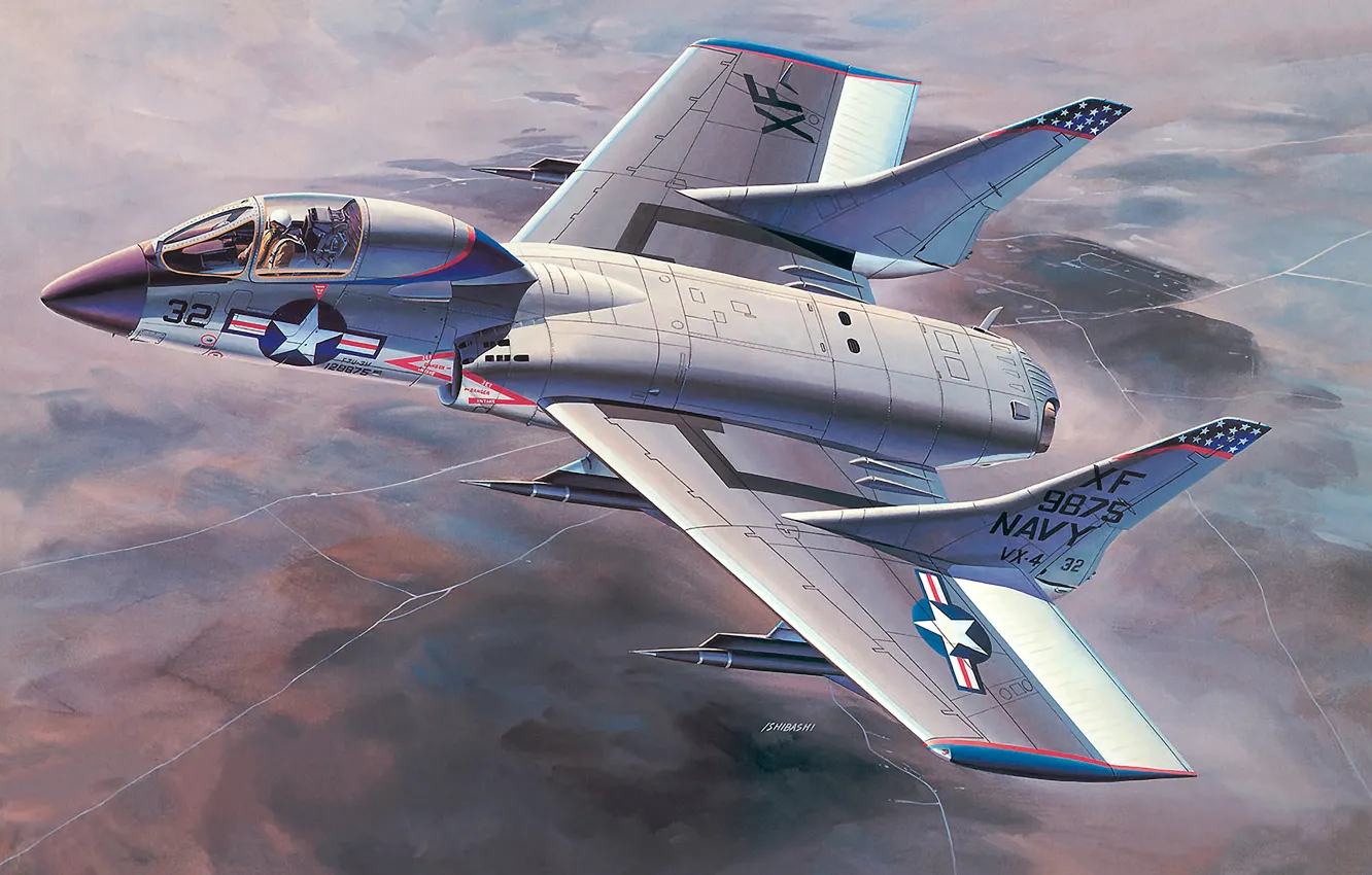 Photo wallpaper the sky, fighter, art, USA, the plane, deck, earth.figure, Vought F7U Cutlass