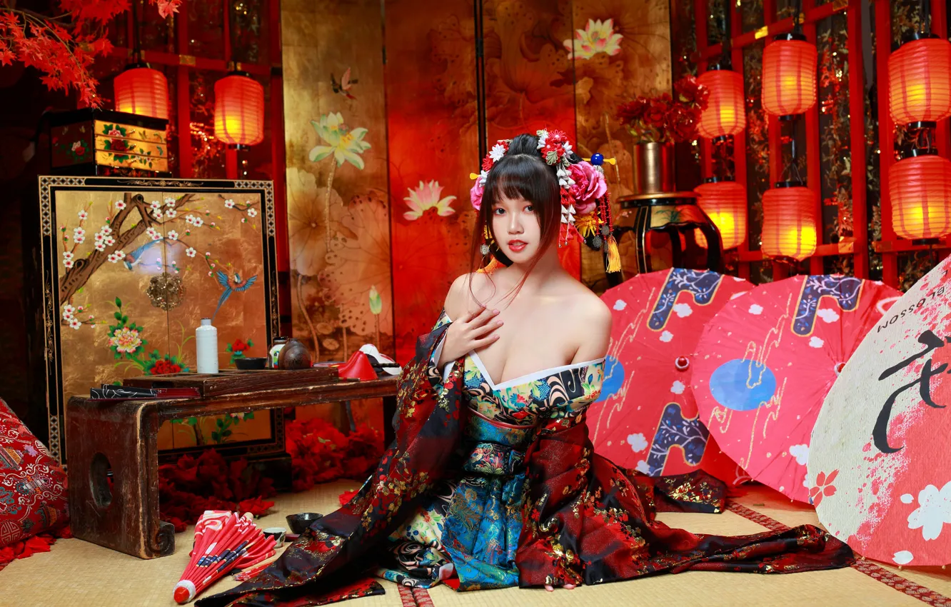 Photo wallpaper lights, neckline, kimono, Asian, gesture, beautiful girl, big Breasts, sitting on the floor