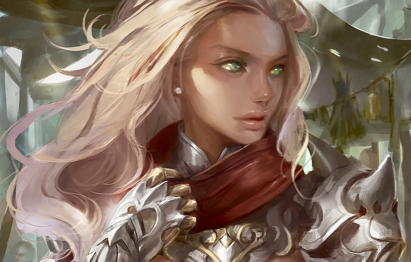 Photo wallpaper look, girl, armor, art, blonde, profile, green eyes