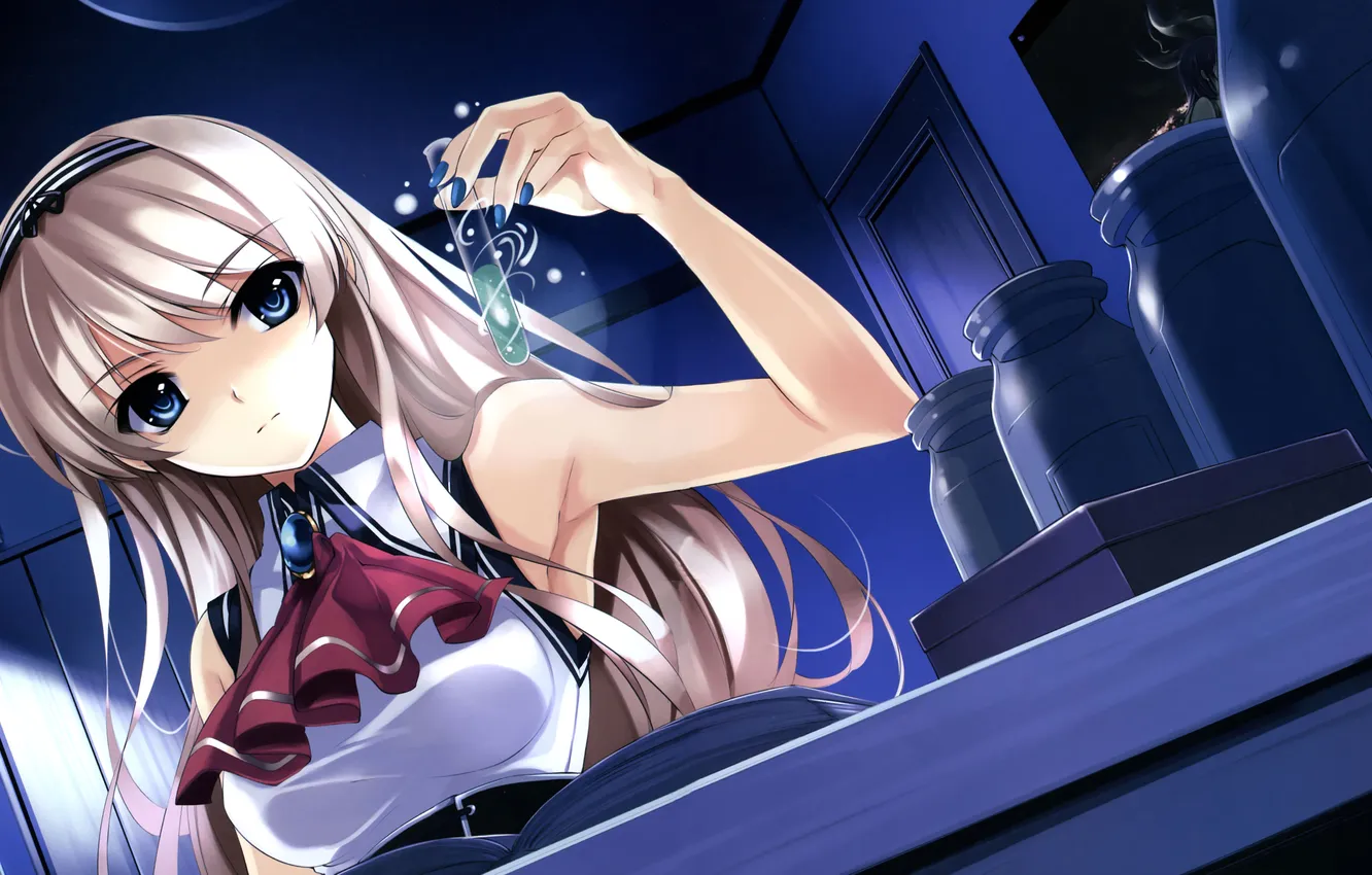 Photo wallpaper girl, bottle, tubes, experiment