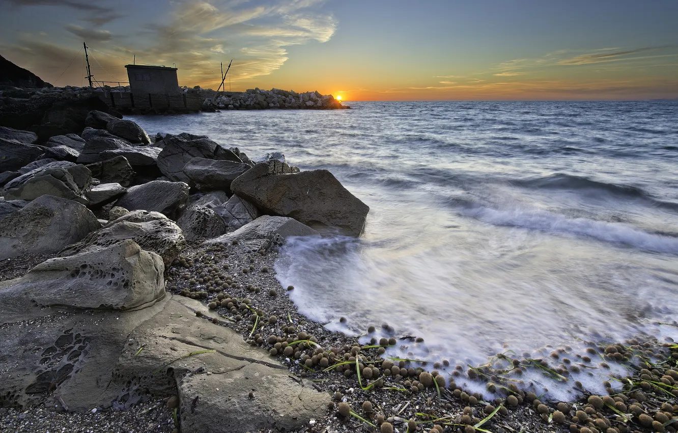 Photo wallpaper sea, sunset, stones, shore