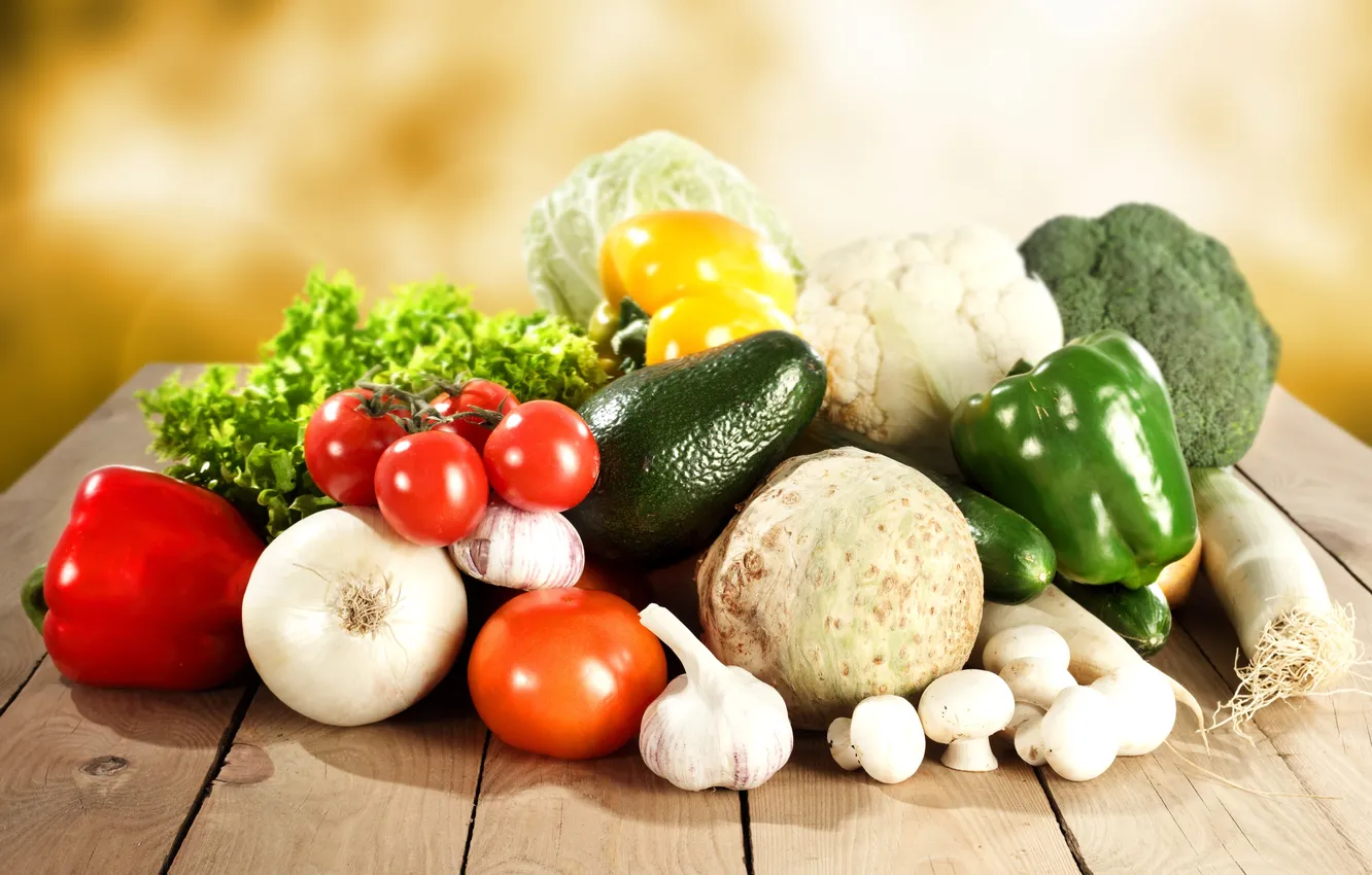 Photo wallpaper bow, vegetables, tomatoes, cabbage, cucumbers, radish, rowing