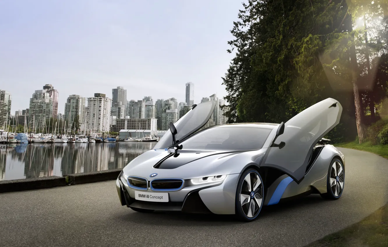 Photo wallpaper road, machine, water, the city, door, BMW i8 concept