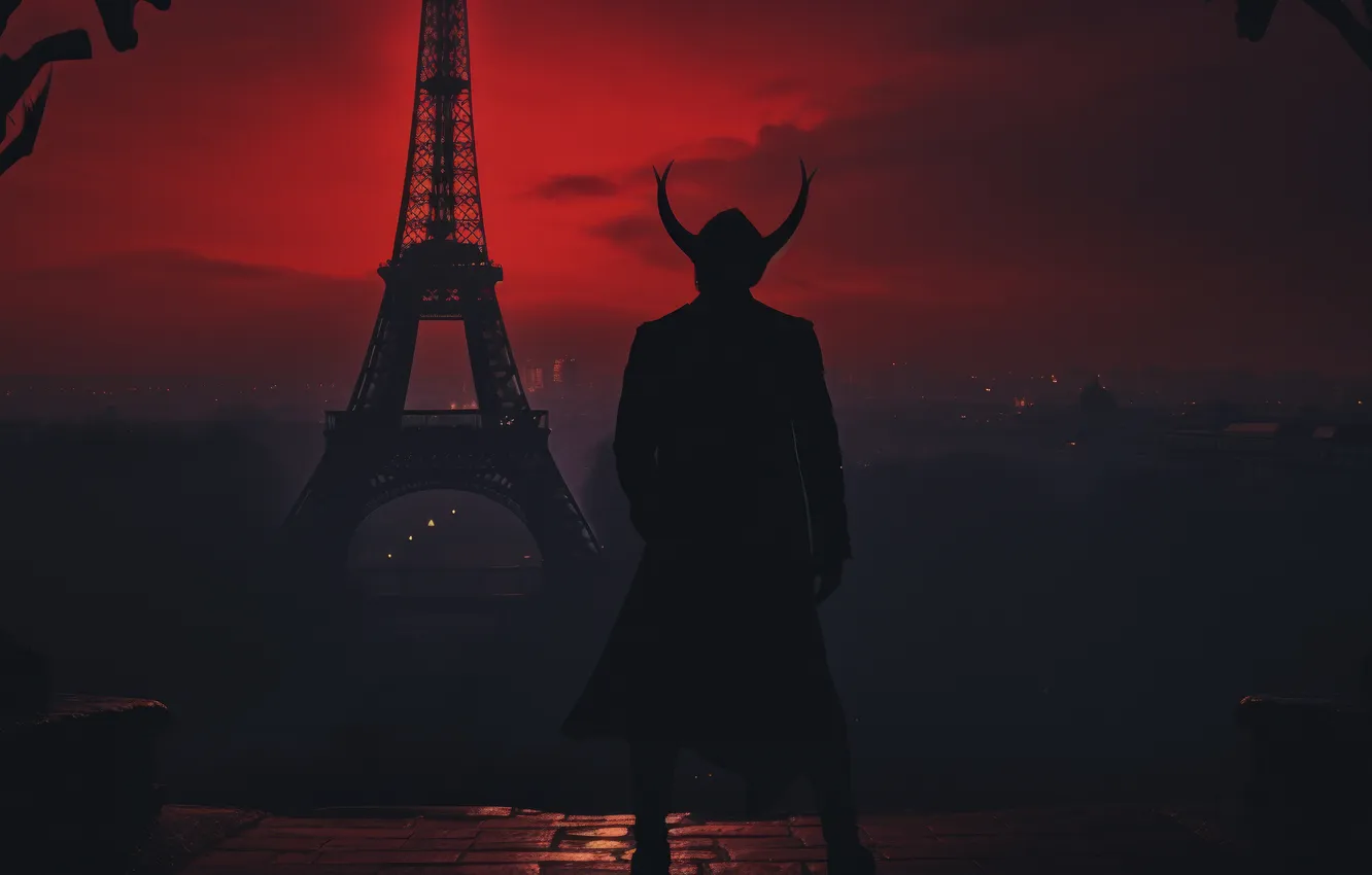 Photo wallpaper Paris, the demon, horns, Eiffel tower, the devil, Satan, digital art, AI art