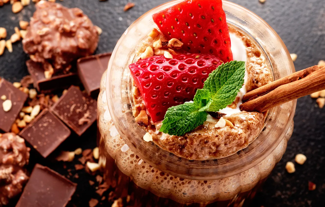 Photo wallpaper dessert, sweet, nuts, chocolate, strawberry
