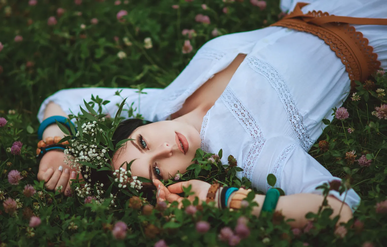 Photo wallpaper grass, look, girl, decoration, nature, dress, brunette, belt