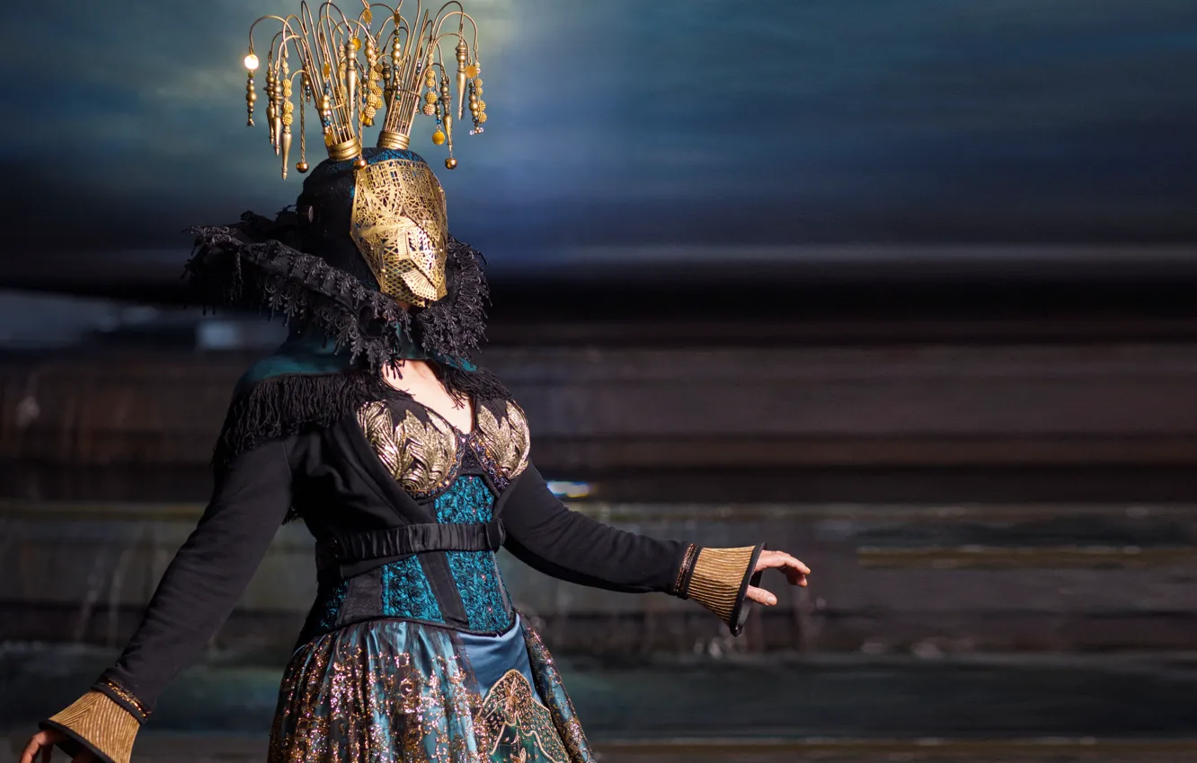Photo wallpaper girl, gold, sky, dress, cosplay, mask, oppai, tekai