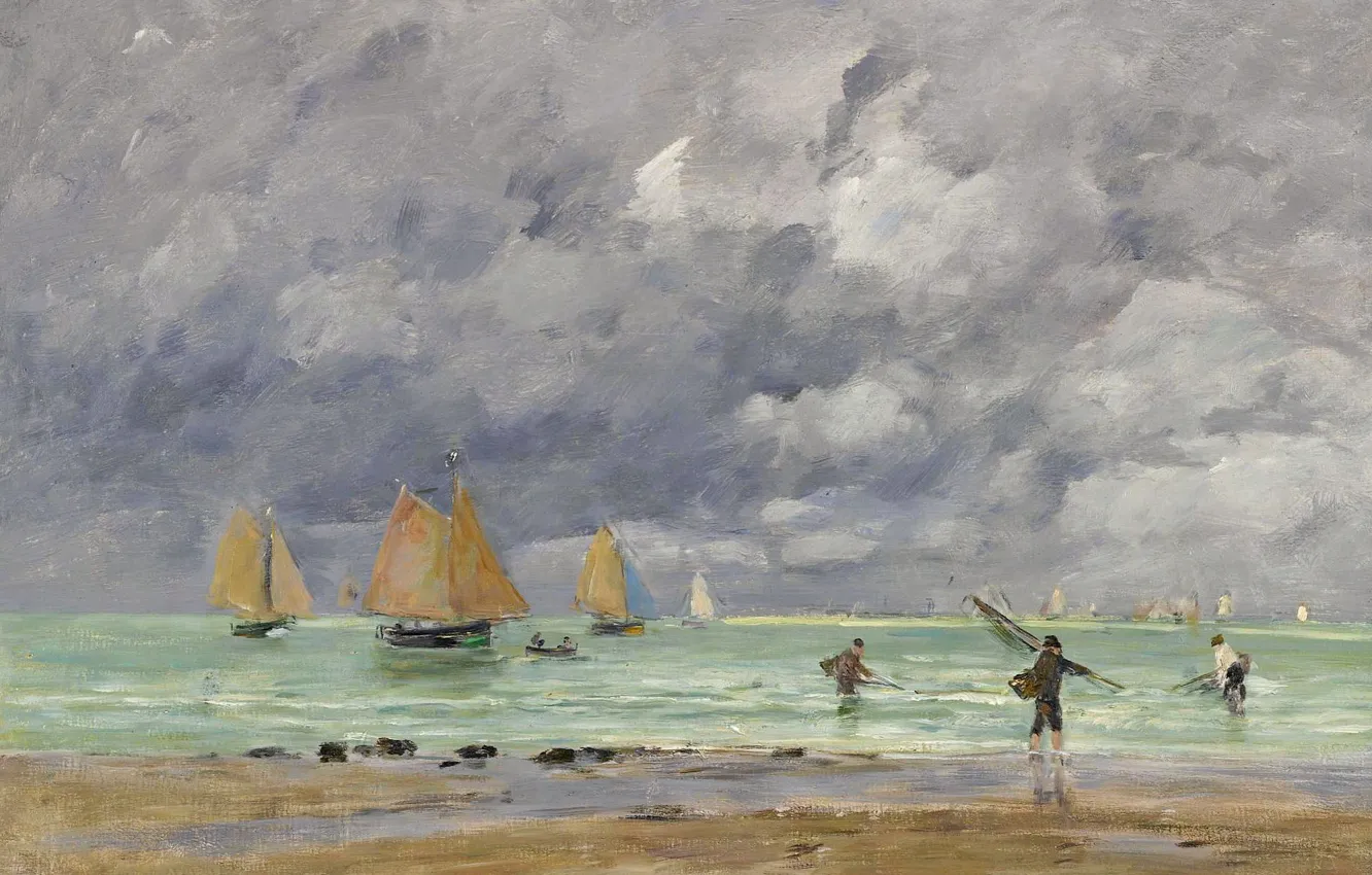 Photo wallpaper sea, clouds, picture, sail, Eugene Boudin, Eugene Boudin, Fishers and Boats Near Trouville