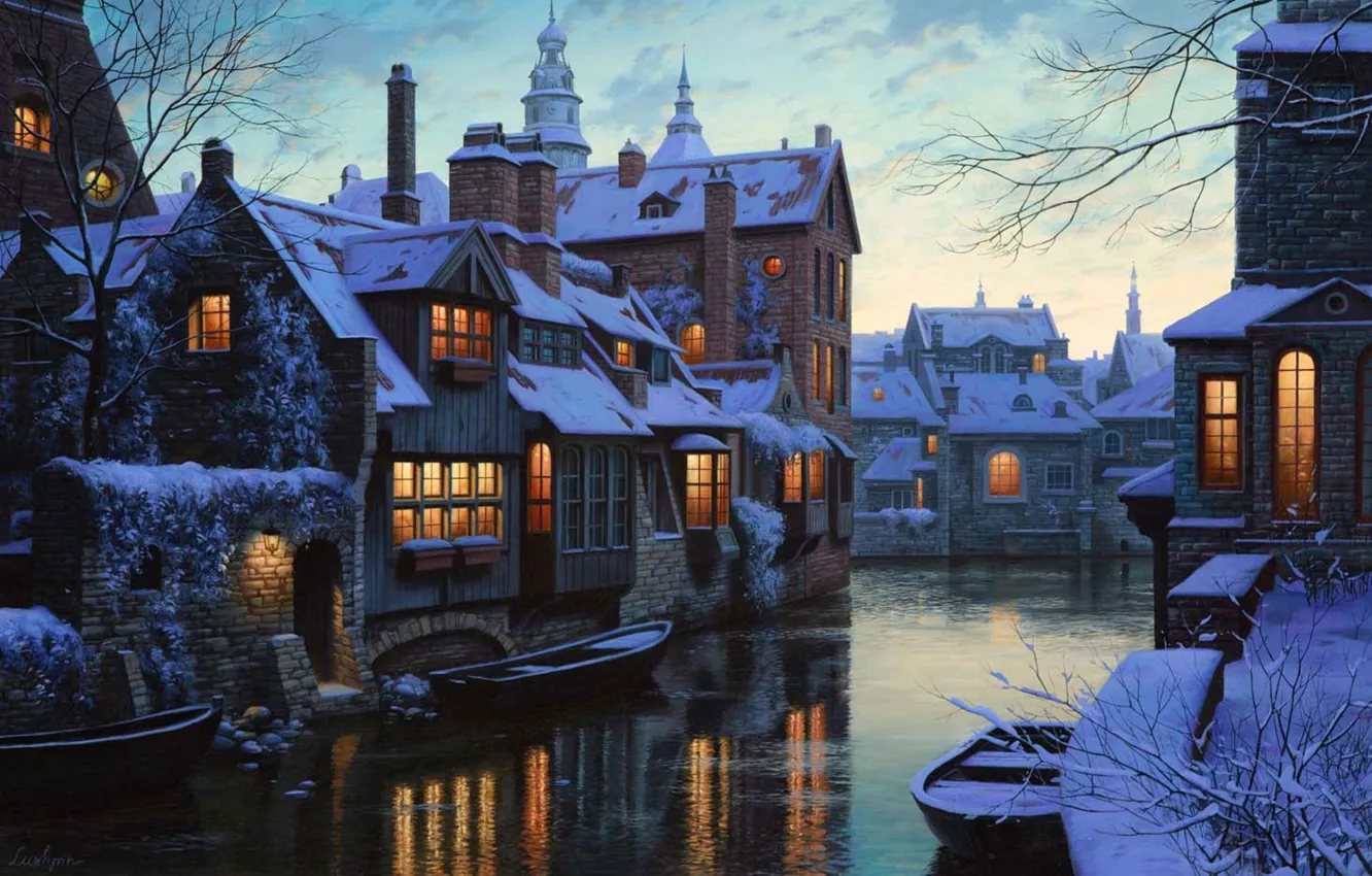 Photo wallpaper winter, snow, lights, river, home, boats, Belgium, twilight
