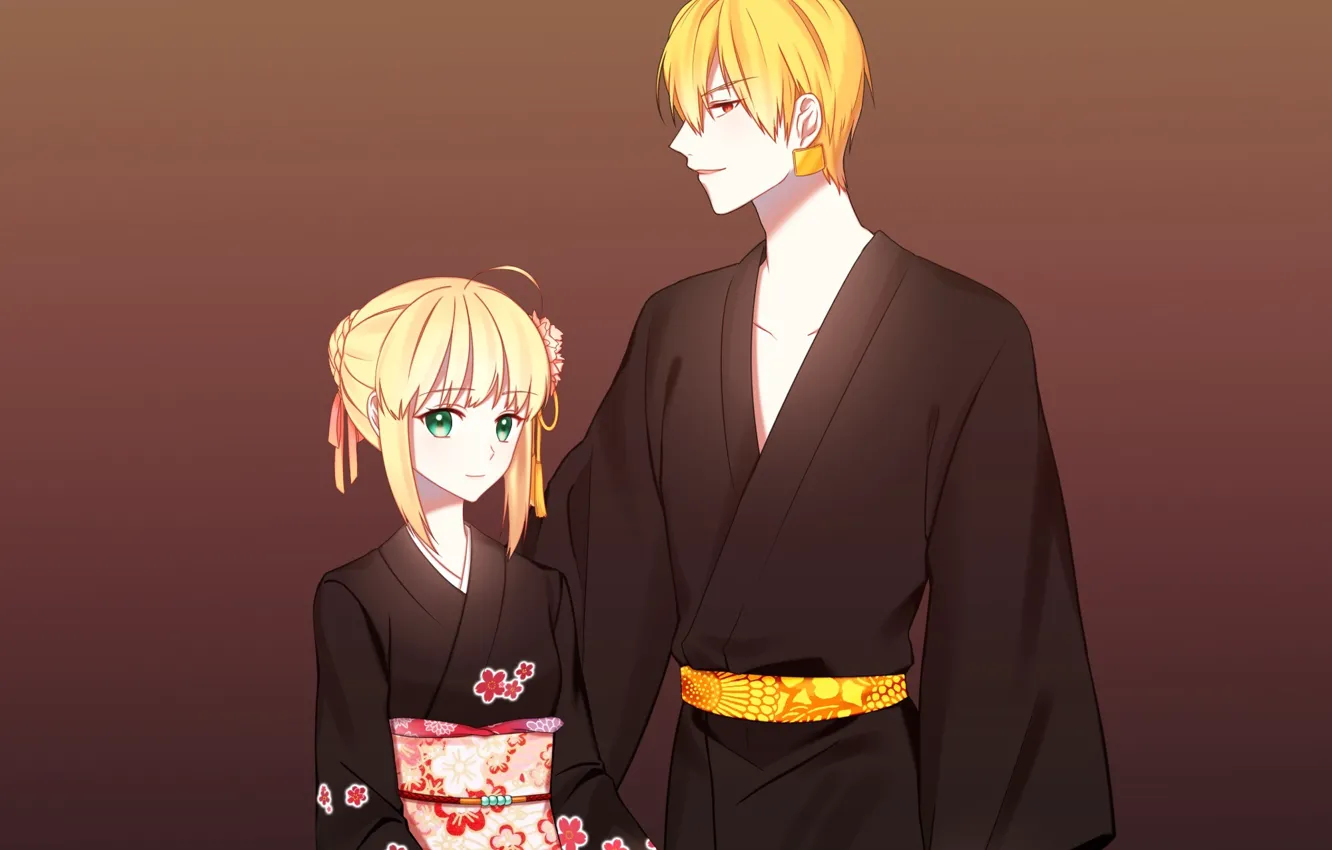 Photo wallpaper anime, art, Gilgamesh, Fate stay night, Artoria, the saber, Archer, Fate stay night