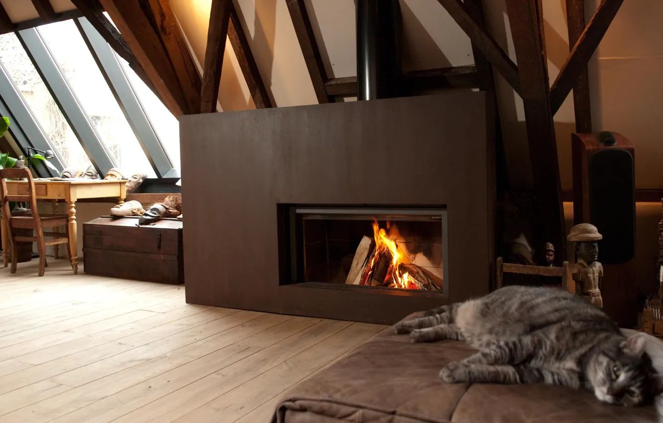 Photo wallpaper cat, design, house, style, interior, fireplace, attic