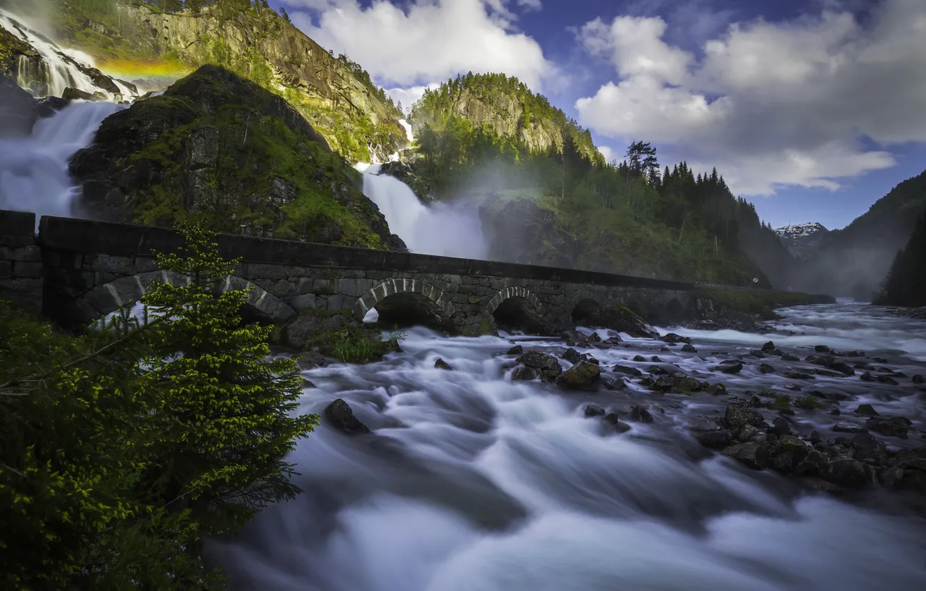 Photo wallpaper mountains, bridge, river, stones, rocks, waterfall, Norway, cascade