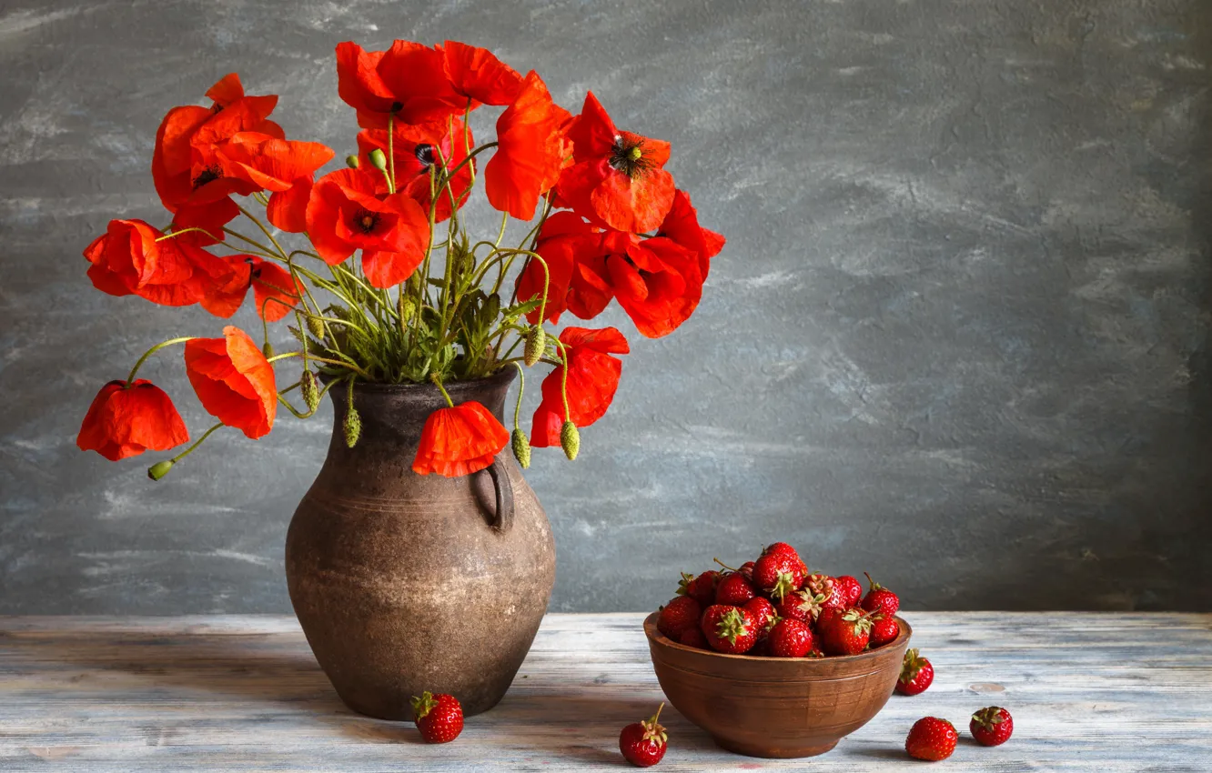 Photo wallpaper berries, Maki, strawberry, bowl, pitcher