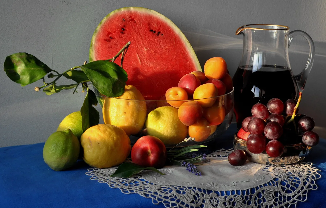 Photo wallpaper table, lemon, watermelon, pitcher, still life