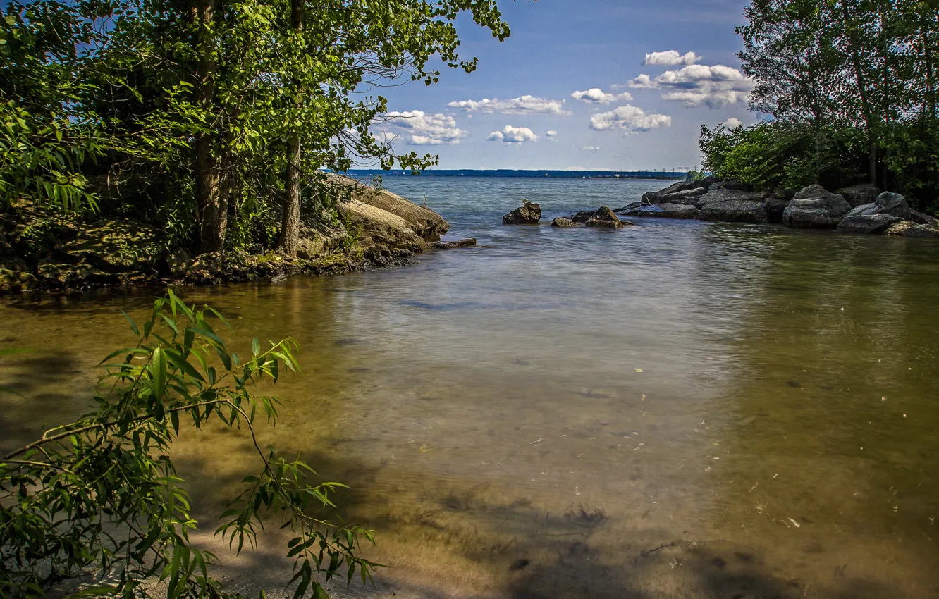 Photo wallpaper the sky, clouds, trees, lake, stones, backwater