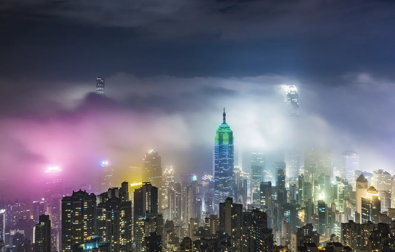 Photo wallpaper light, night, lights, fog, China, building, Hong Kong, skyscrapers