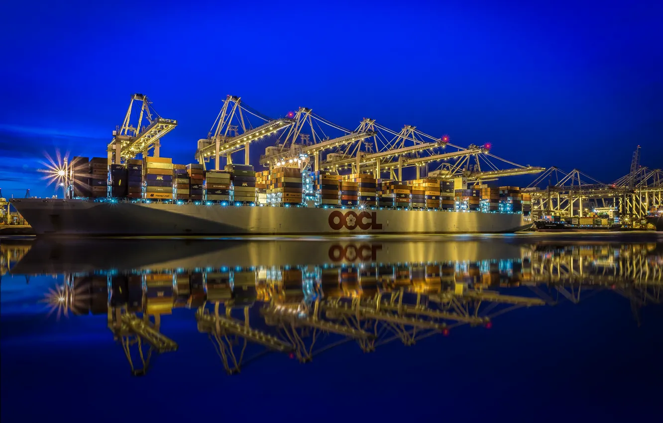 Photo wallpaper lights, crane, port, Netherlands, A container ship, Rotterdam