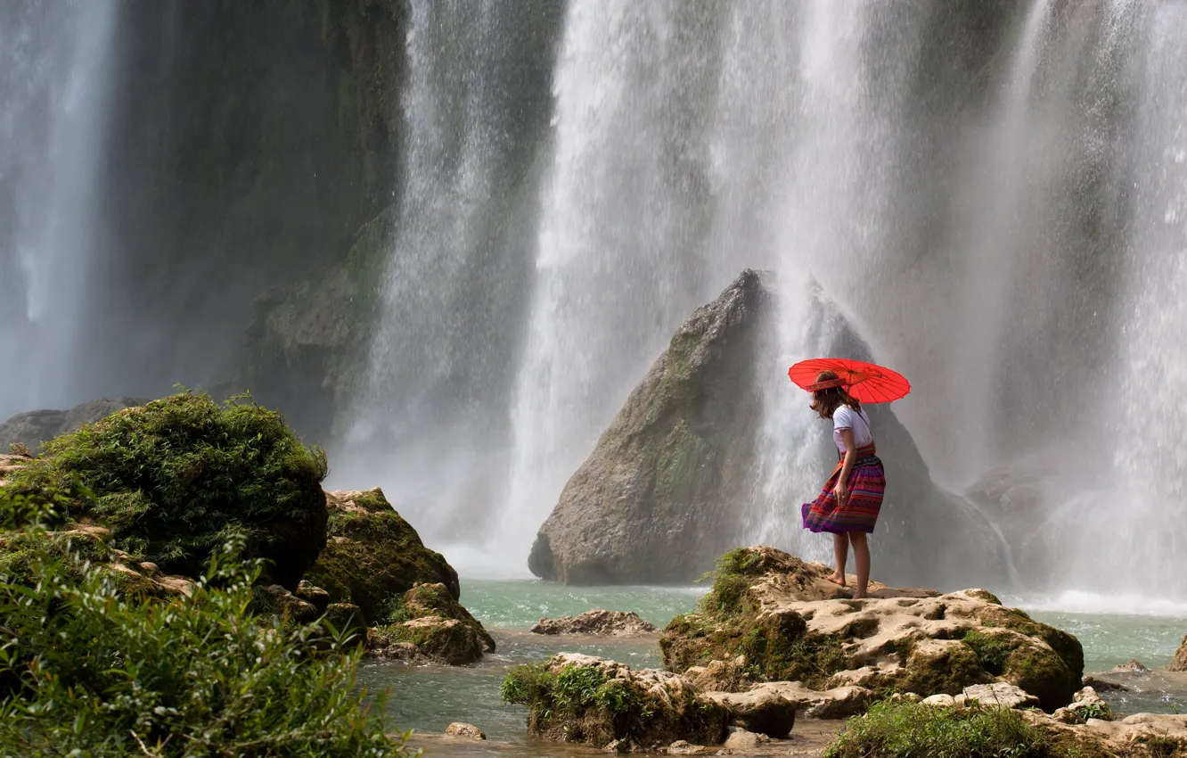 Photo wallpaper girl, pose, stones, rocks, waterfall, skirt, the situation, stream