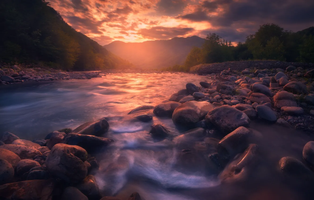 Photo wallpaper sunset, mountains, river, stones, verbal