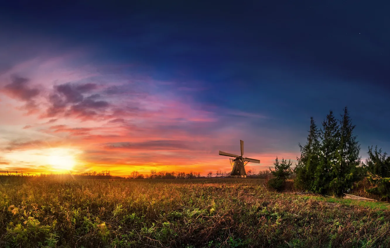 Photo wallpaper field, sunset, mill