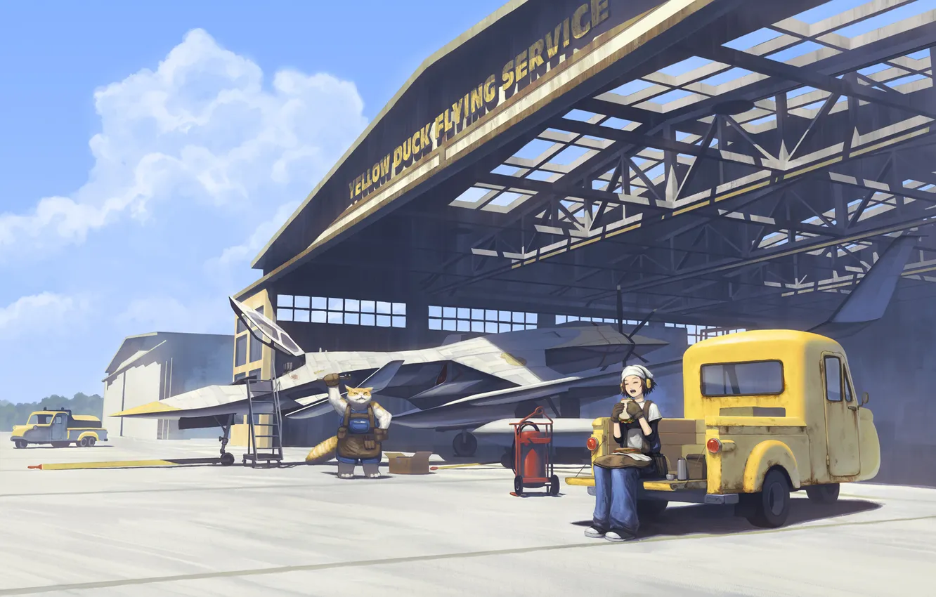 Photo wallpaper airport, snack, cat-mechanic