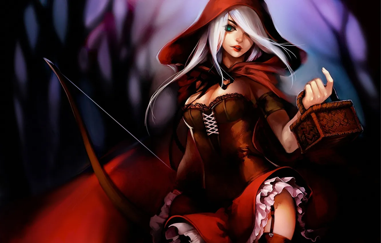 Photo wallpaper girl, red, bow, art, hood, cloak, basket, League of Legends