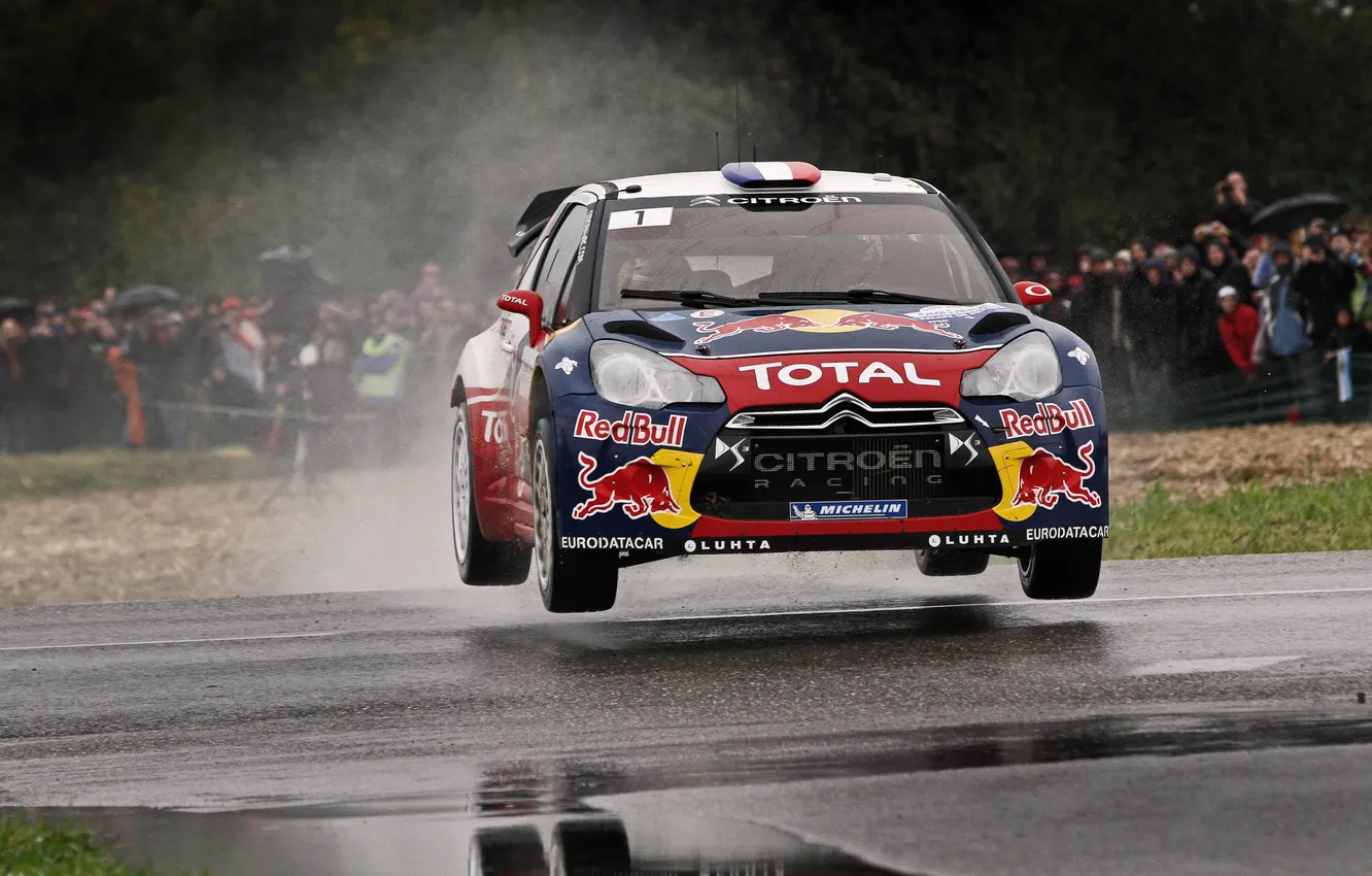 Photo wallpaper wet, asphalt, reflection, logo, Citroen, DS3, WRC, Rally