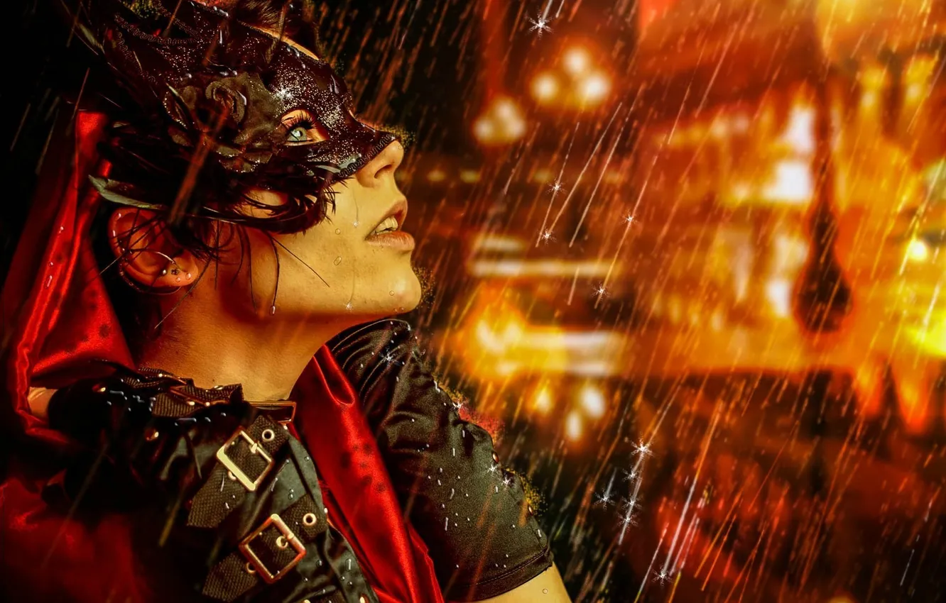 Photo wallpaper look, girl, rain, mask, profile