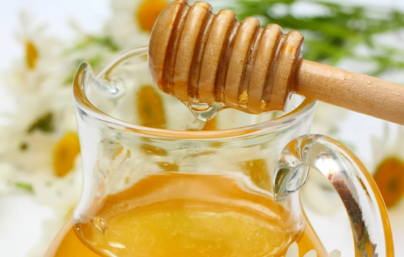 Photo wallpaper drops, flowers, branches, chamomile, honey, spoon, Bank, sweets