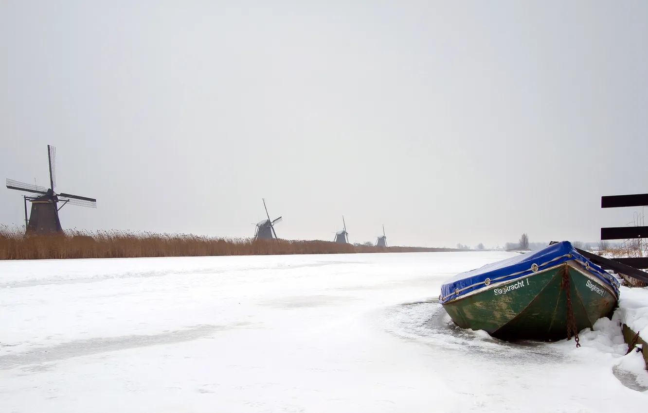Photo wallpaper winter, boat, channel