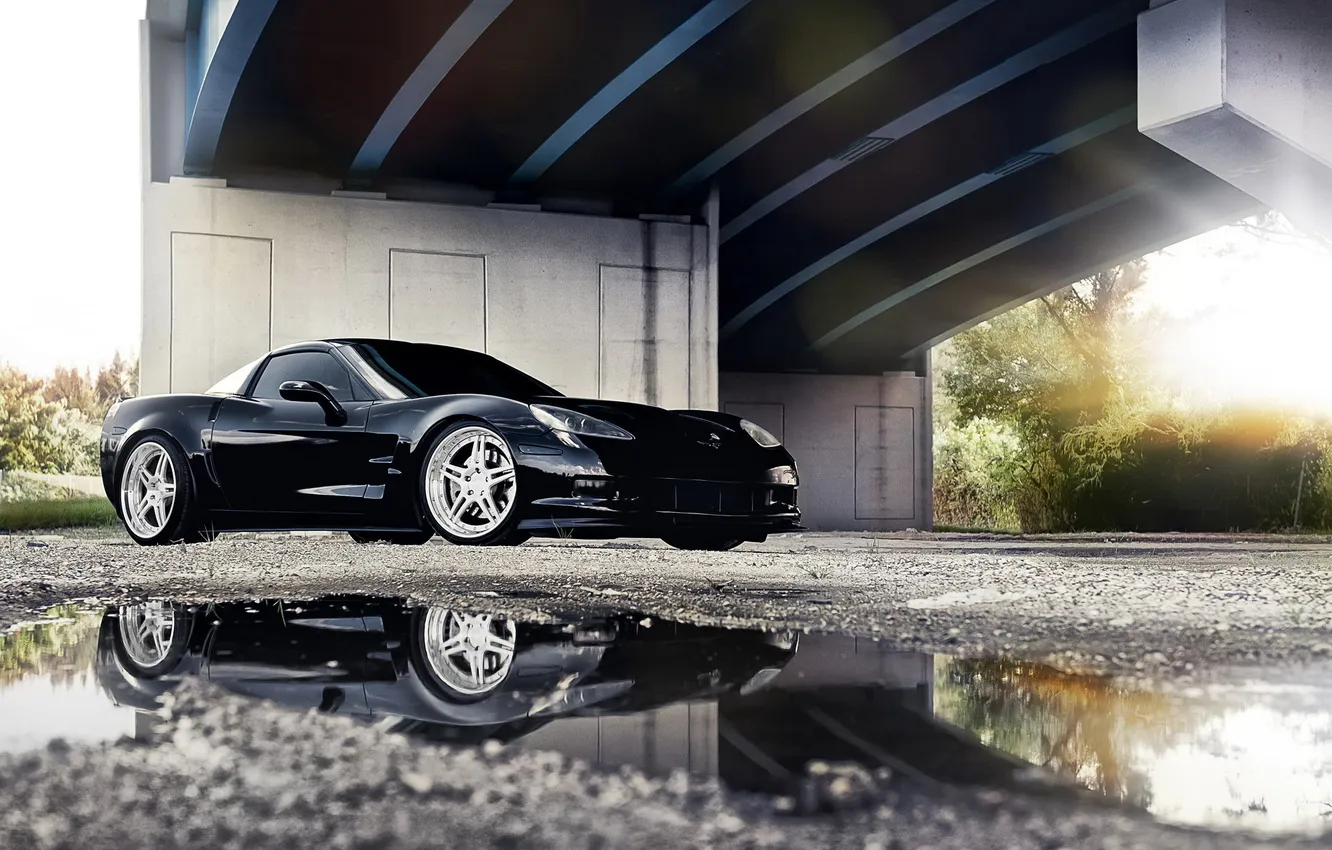 Photo wallpaper reflection, black, Corvette, Chevrolet, puddle, Corvette, Chevrolet