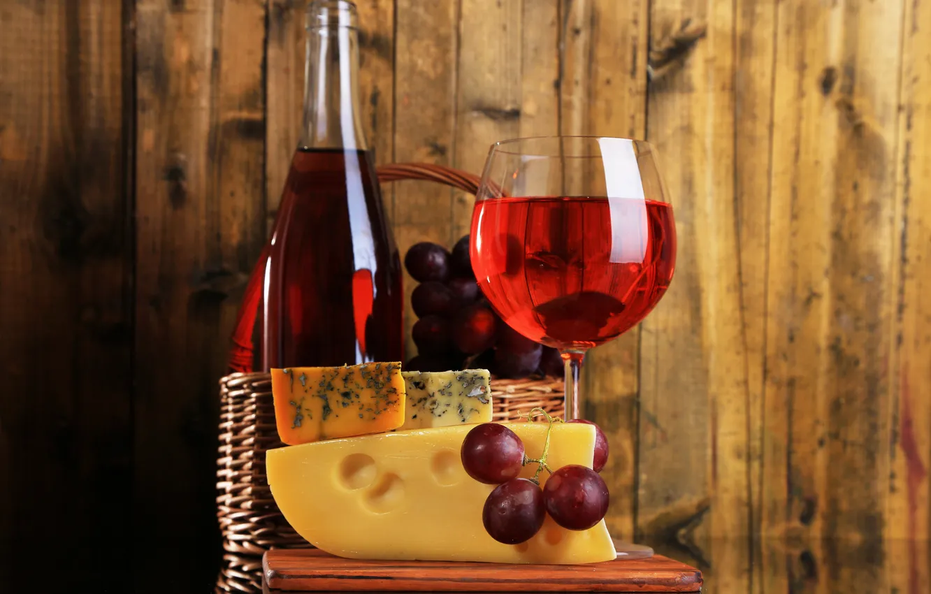 Photo wallpaper wine, basket, cheese, grapes