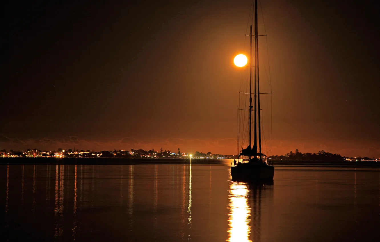 Photo wallpaper the sky, night, lights, lake, the moon, boat, yacht