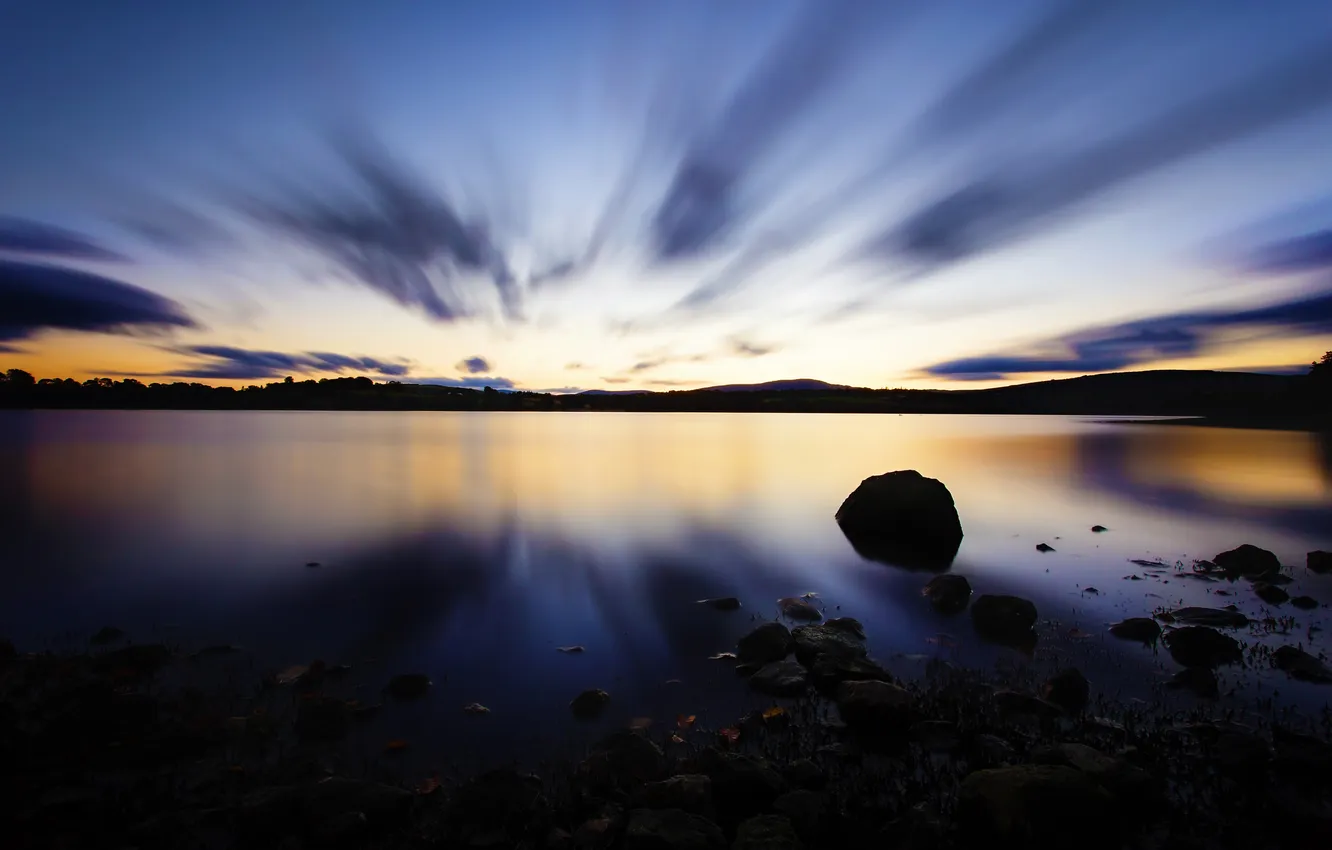 Photo wallpaper sunset, lake, stones, the evening