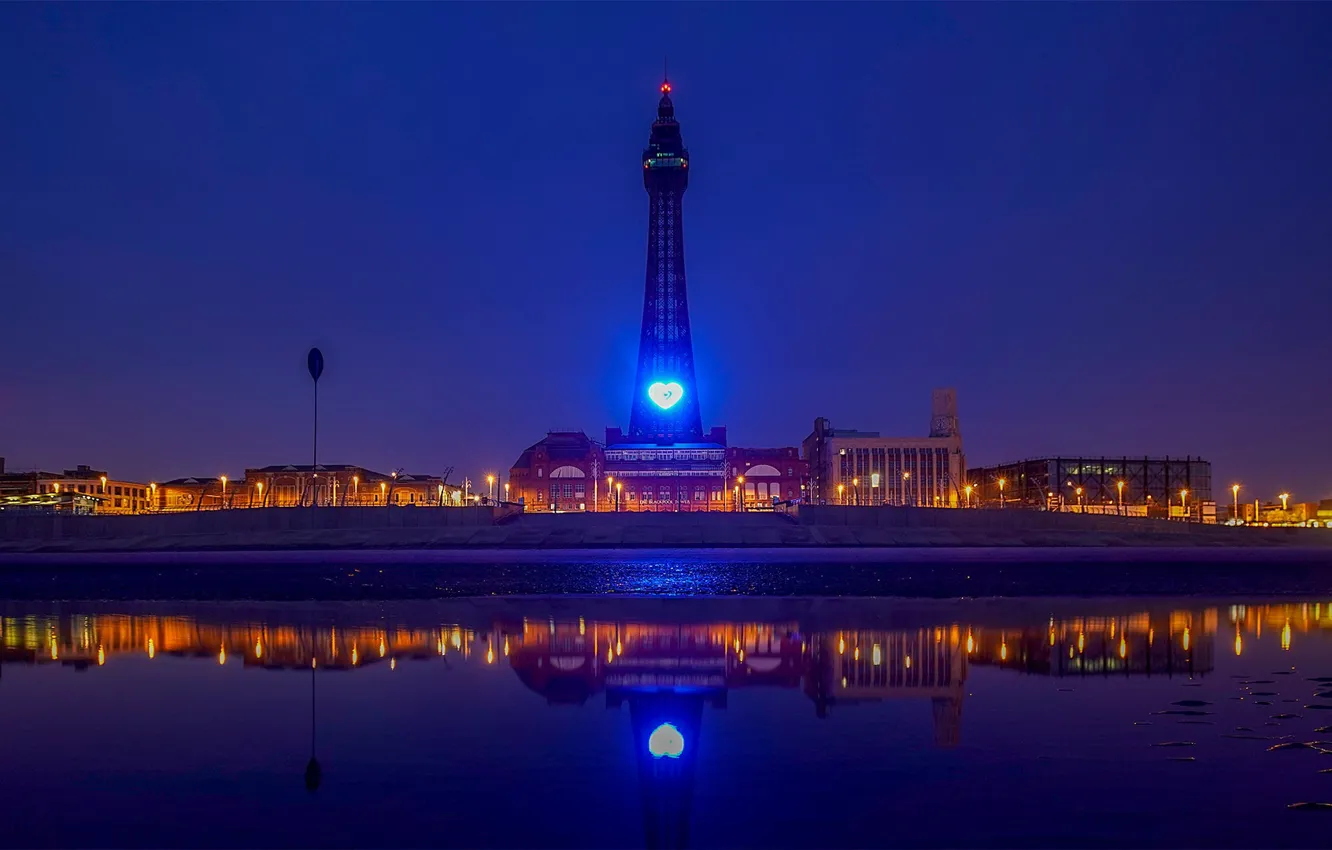 Photo wallpaper Blkw, England, Lancashire, lights, tower, night