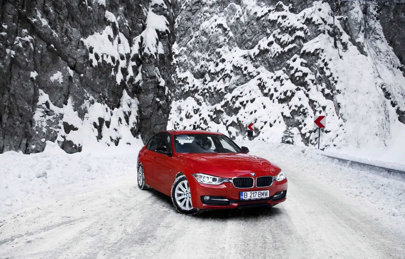 Photo wallpaper winter, road, snow, mountains, BMW, BMW, red, red