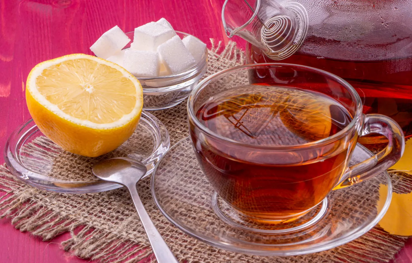 Photo wallpaper glass, table, lemon, tea, kettle, spoon, the tea party, mug