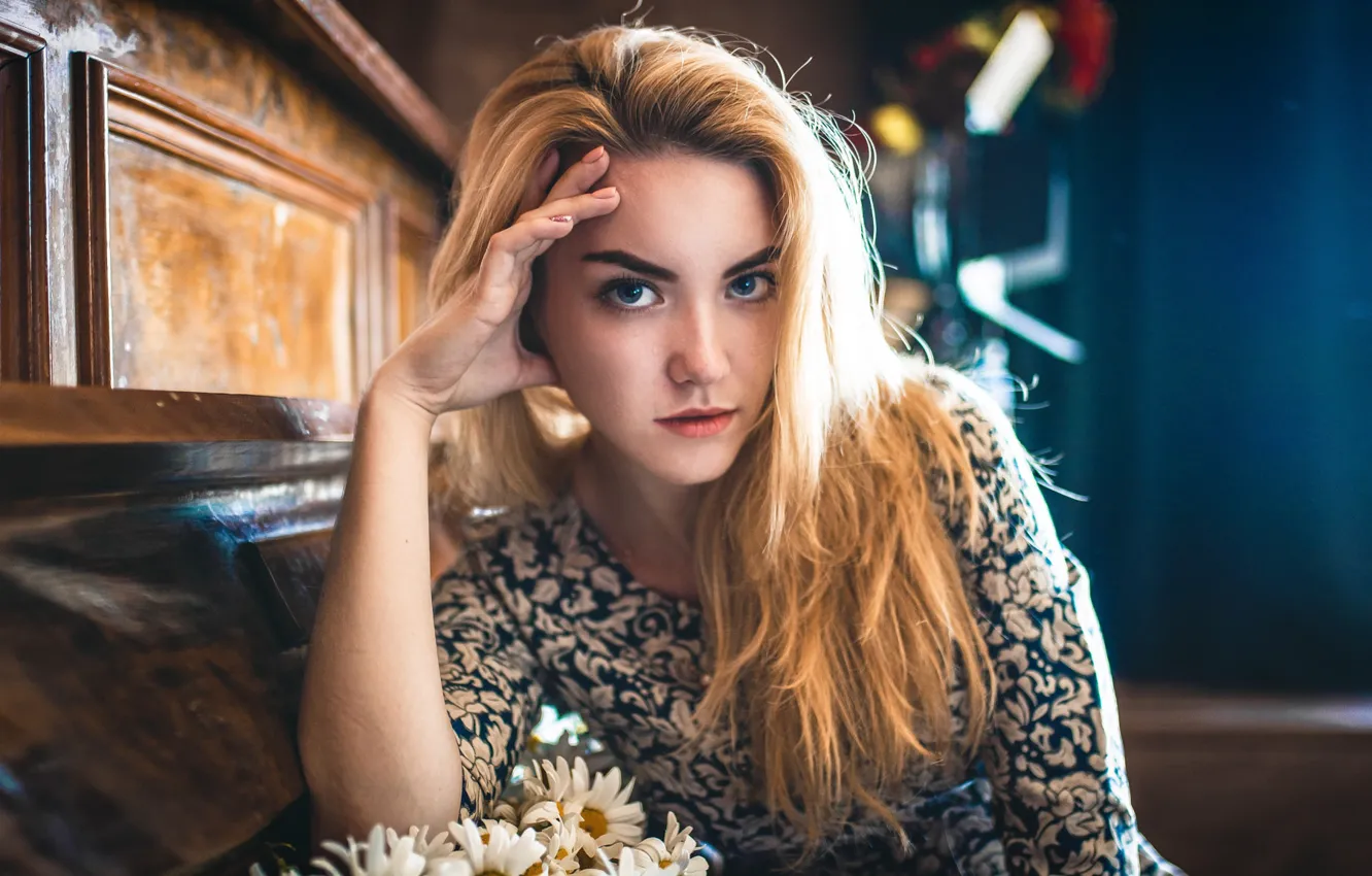 Photo wallpaper look, flowers, pose, model, portrait, chamomile, hands, makeup