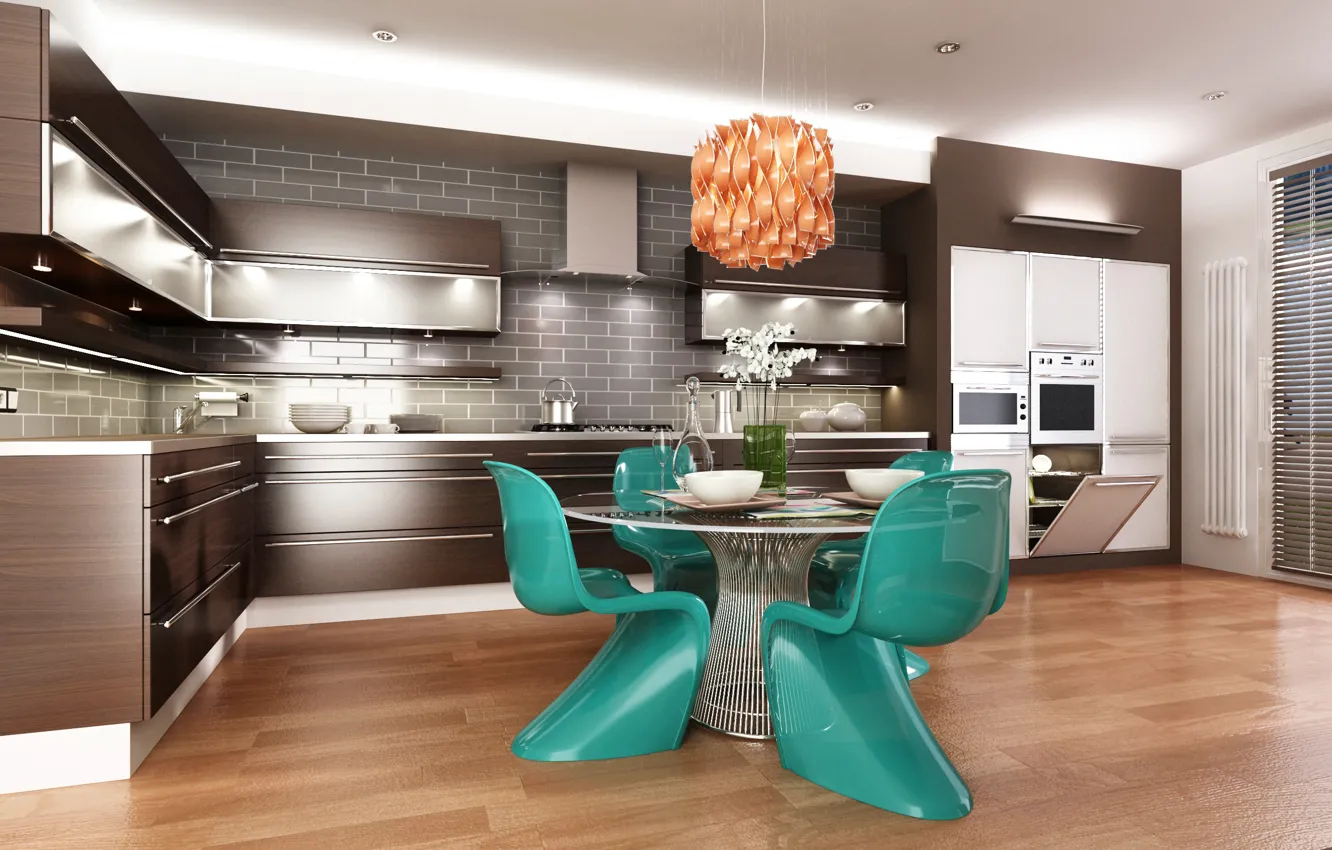 Photo wallpaper table, furniture, kitchen, chandelier, design, kitchen, 3D Graphics